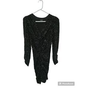 Express‎ Shiny Black Sequins Gathered Plunging Sexy Cocktail Dress XS